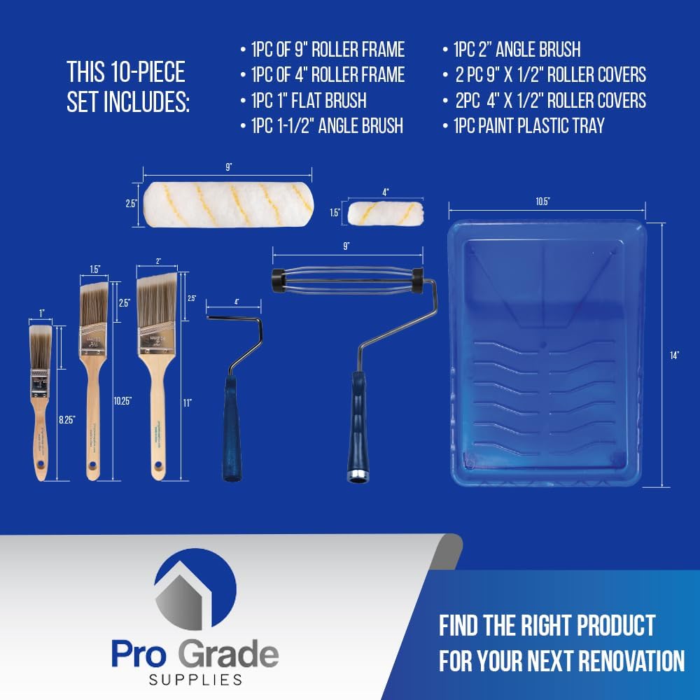 Pro Grade Paint Roller Kit, Brush & Roller,10 Piece Set, Wall Painting Naps for Professionals & Homeowners - All Paints & Stains, Washable, Reusable, Easy to Clean, Superior Absorbency