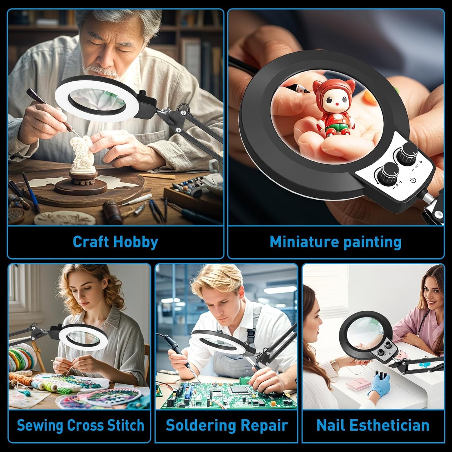 KIRKAS 10X Magnifying Glass with Light and Stand, 2-in-1 Any Color Modes & Stepless Brightness Magnifying Desk Lamp with Clamp, LED Magnifier with Light for Crafts Jewelry Painting Sewing Close Work