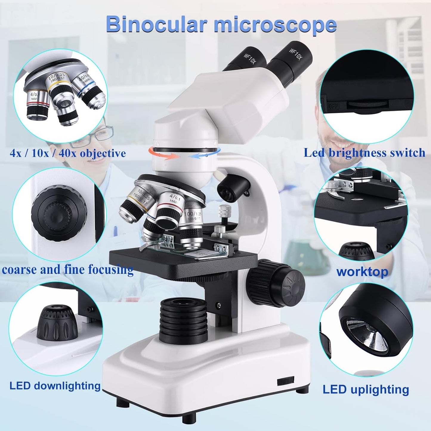 Compound Microscope,40X-2500X Research Class Professional Microscope,WF10x and WF25x eyepieces, Dual LED Lighting and Two-Layer Mechanical Stage,Microscope for Adults