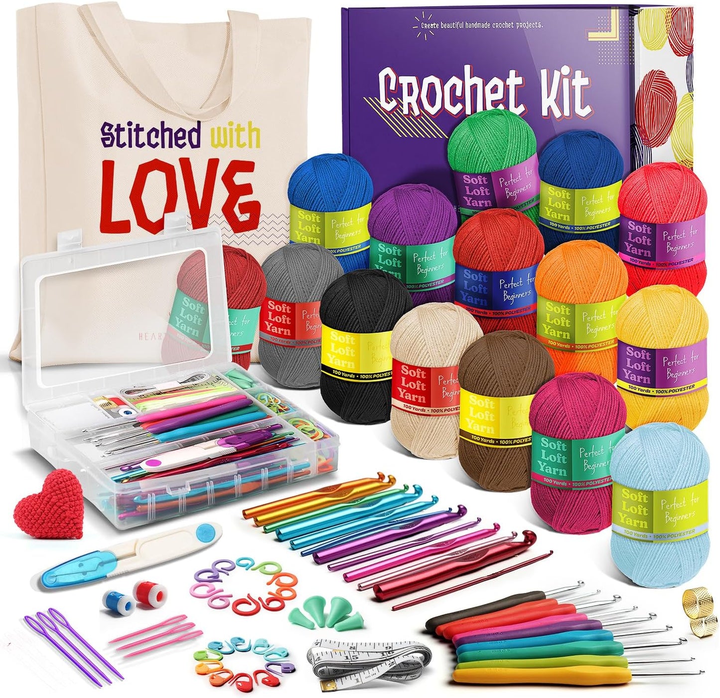 Hearth & Harbor Crochet Kit for Beginners Adults, Crochet Kits for Beginner, Learn to Crochet Set, Crocheting Kit, 1500 Yards Crochet Yarn, Crochet Hook Set, Crochet Accessories and Supplies