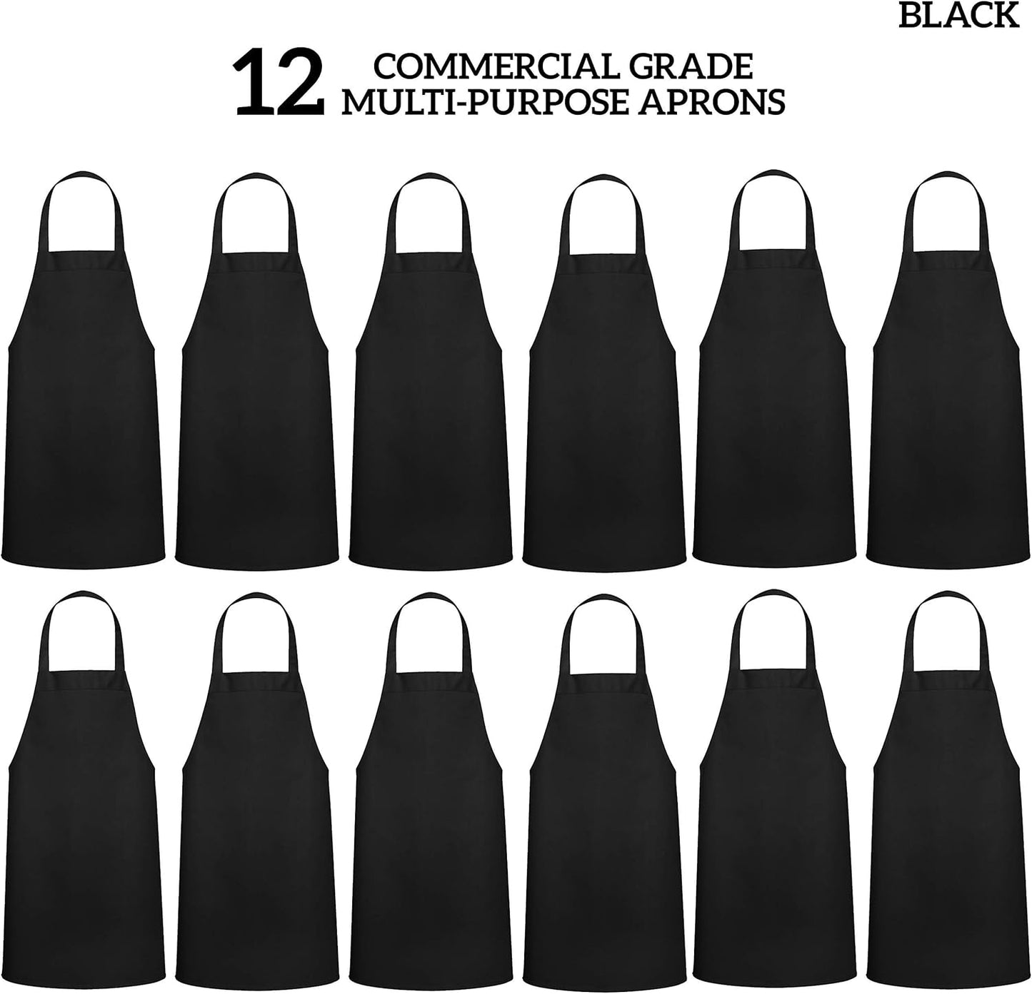 GREEN LIFESTYLE 12 Pack Bib Apron - Unisex Black Aprons, Machine Washable Aprons for Men and Women, Kitchen Cooking BBQ Aprons Bulk (Pack of 12, No Pockets, Black)