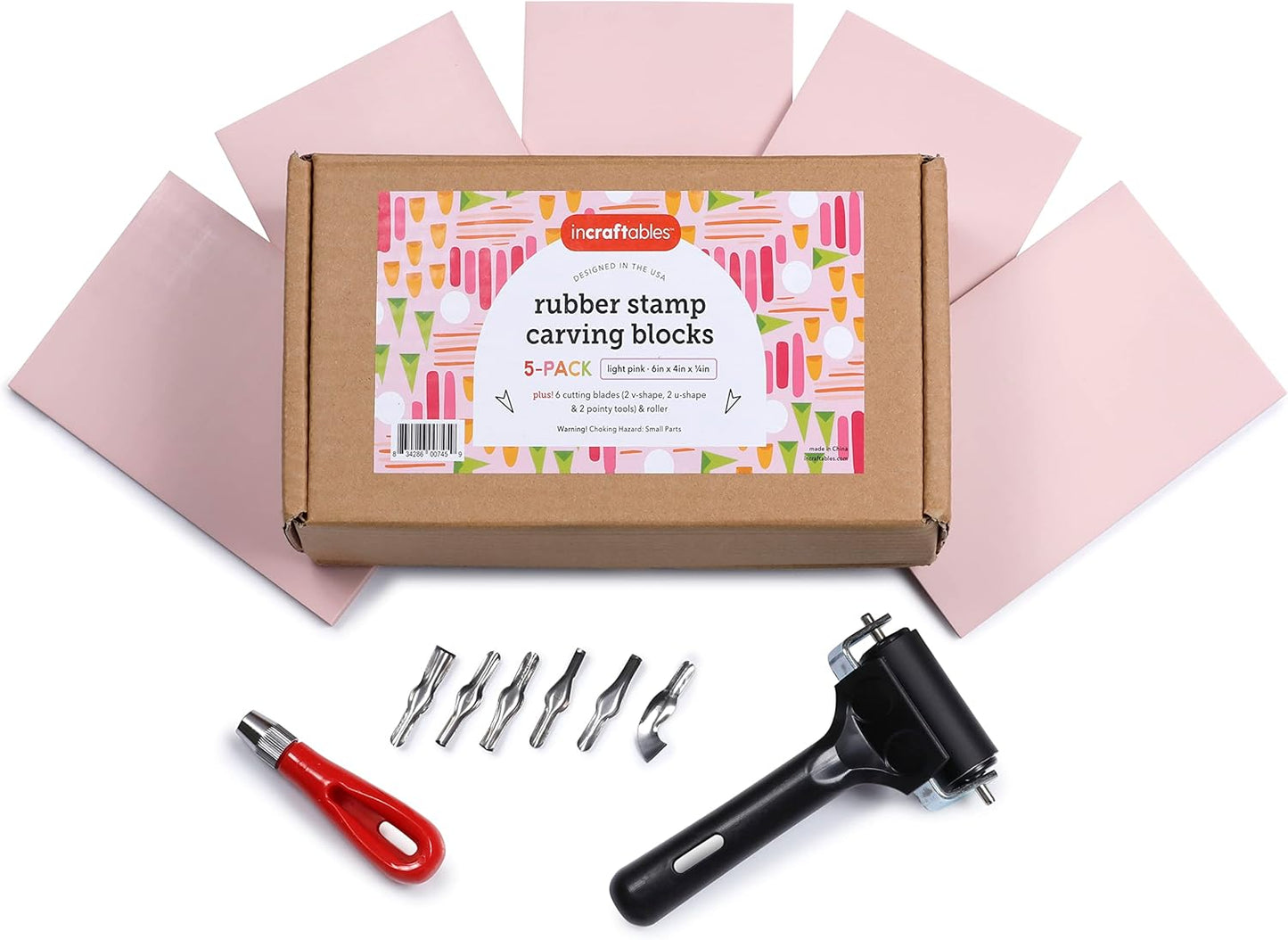 Incraftables Rubber Stamp Kit (5-Pack). Linoleum Block Kit (6pcs). Block Printing Kit (6in x 4in x ¼ in) Light Pink Color. Best Carving DIY Stamp Making Kit for Printmaking