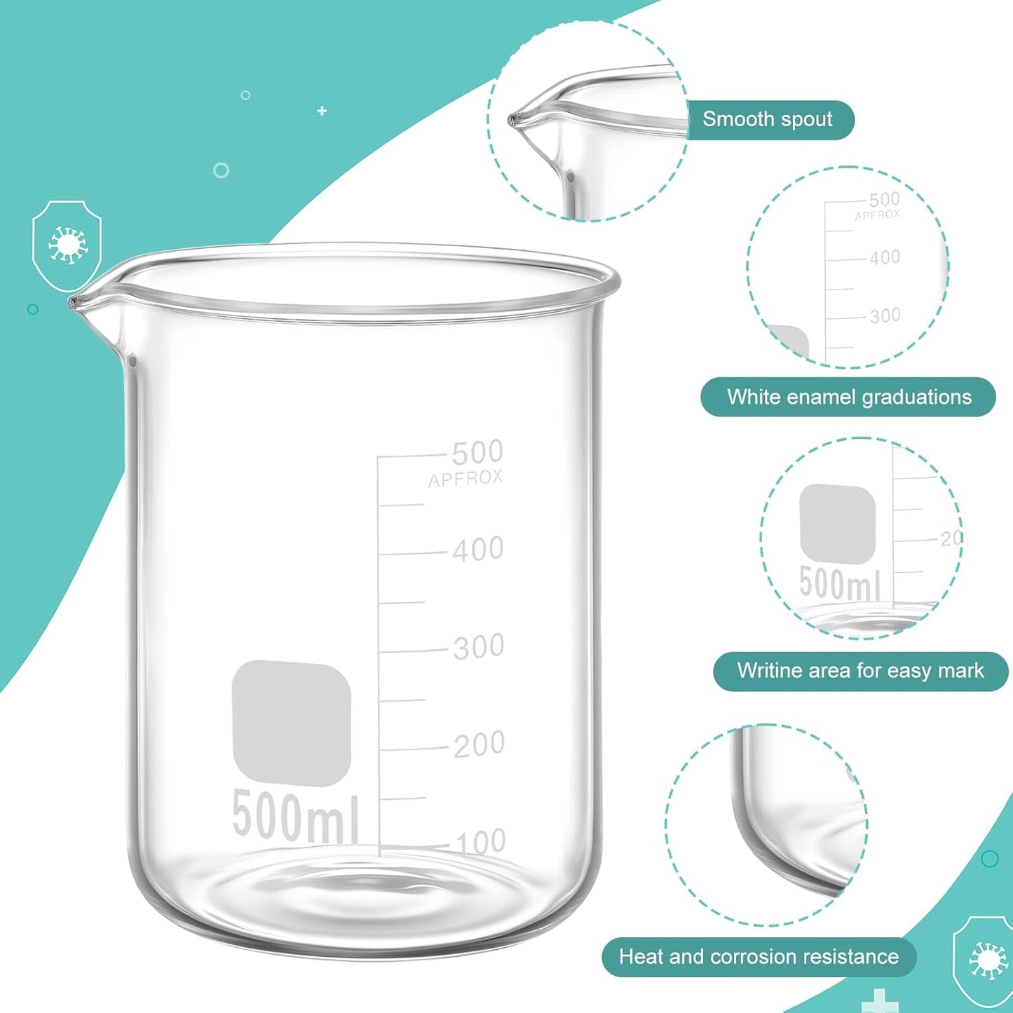 Jetec 5 Pieces Borosilicate Glass Lab Beaker with Stirring Rod, 4 Sizes of 50/100/250/500 ml Thick Glass Beakers for Science Lab Chemistry Supplies