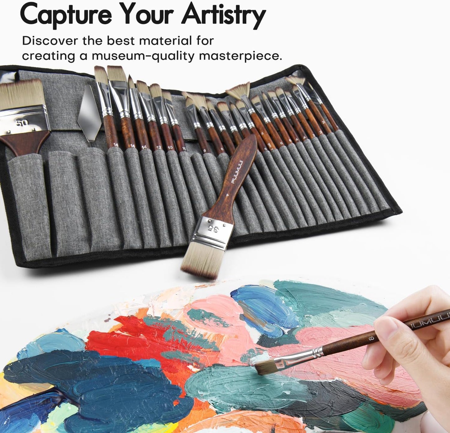 25pcs Paint Brush Set, Fuumuui Acrylic Paint Brushes, Professional Artist Series with Wide Flat, Filbert, Fan, Dagger, Cat Tongue, Round, Angle, Rigger for Oil, Acrylic Canvas Paintings, Face Painting