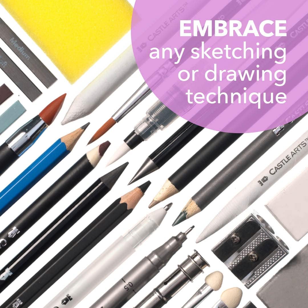 Castle Art Supplies 100 Piece Drawing & Sketching Set | Graphite, Charcoal, Pastel, Metallic & Water Soluble Pencils + Sticks, Fineliners | For Professionals, Adult Artists | In Tough Travel Case