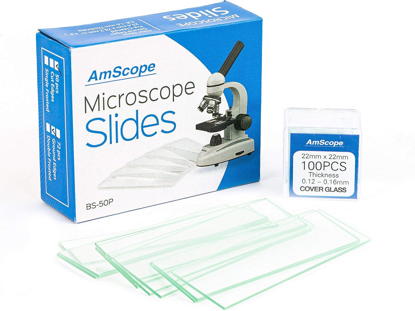 AmScope BS-50P-100S-22 Pre-Cleaned Blank Ground Edge Glass Microscope Slides and 100pc Pre-Cleaned Square Glass Cover Slips Coverslips