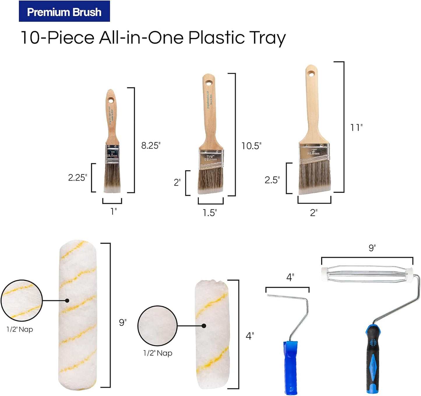 Pro Grade Paint Roller Kit, Brush & Roller,10 Piece Set, Wall Painting Naps for Professionals & Homeowners - All Paints & Stains, Washable, Reusable, Easy to Clean, Superior Absorbency