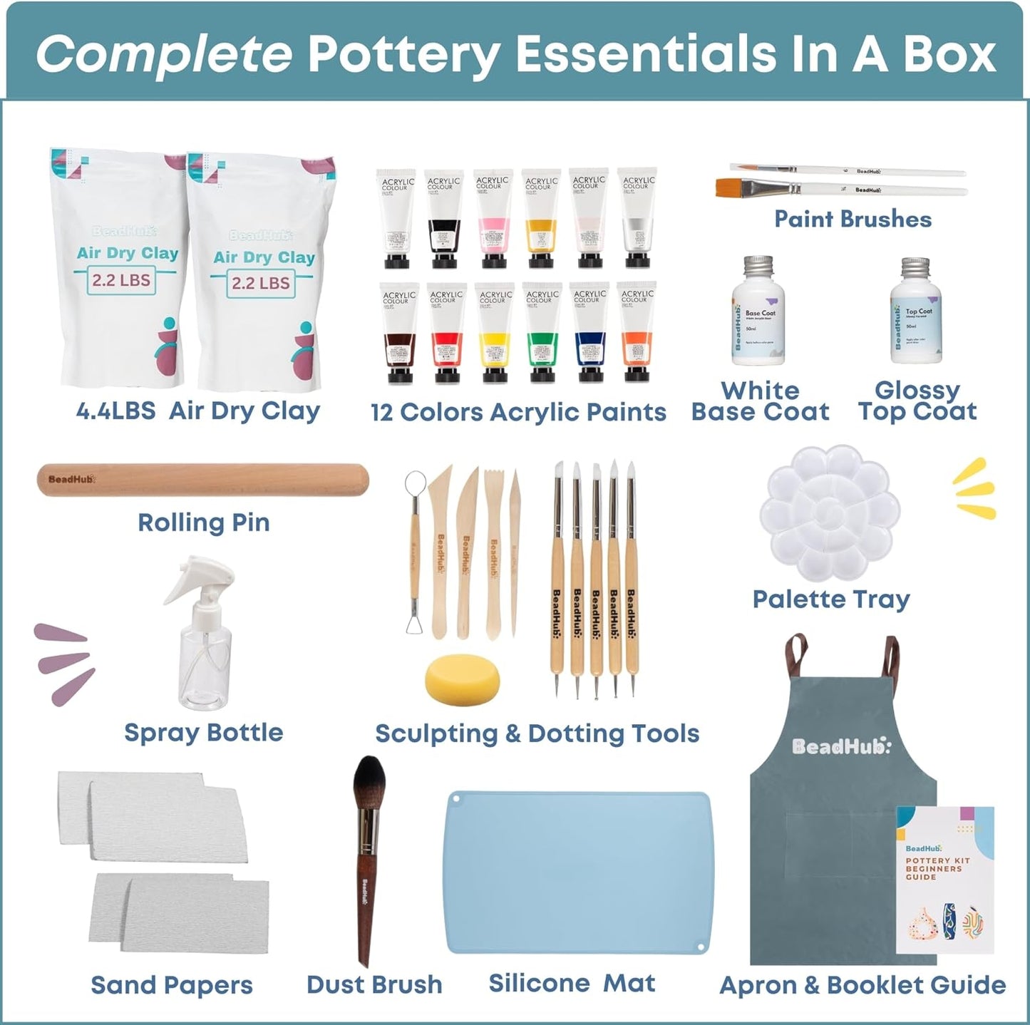 Pottery Kit for Beginners, 4.4Lbs Air Dry Clay for Adults with Sculpting Tools, Paint, Glaze, Air-Dry Modeling Clay Molding, Sculpt & Painting Set, Hobby Date Night DIY Art Craft Kits (White)