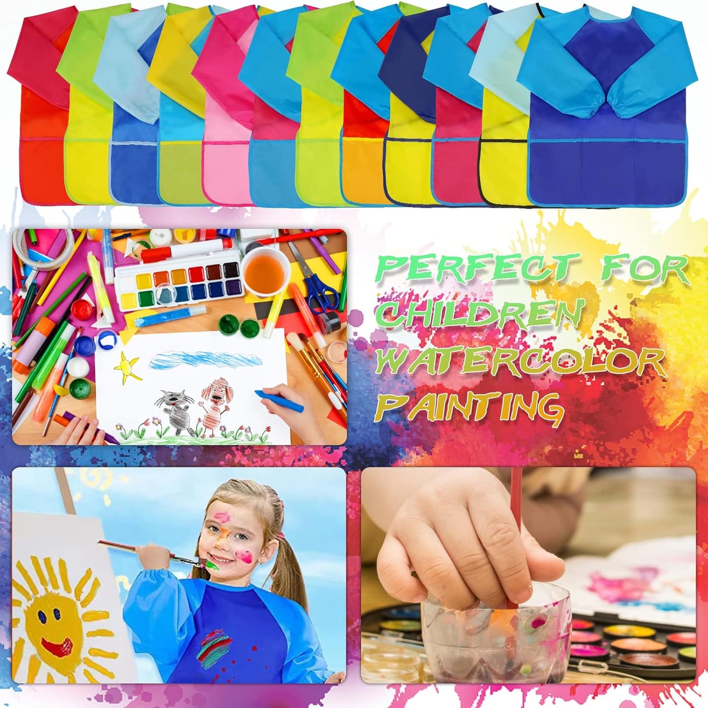 Zkptops 12 Pack Kids Art Smocks Waterproof Kid Painting Aprons Toddler Art Smock Kids Paint Smocks with Long Sleeve 3 Roomy Pockets for Age 3-7 Years