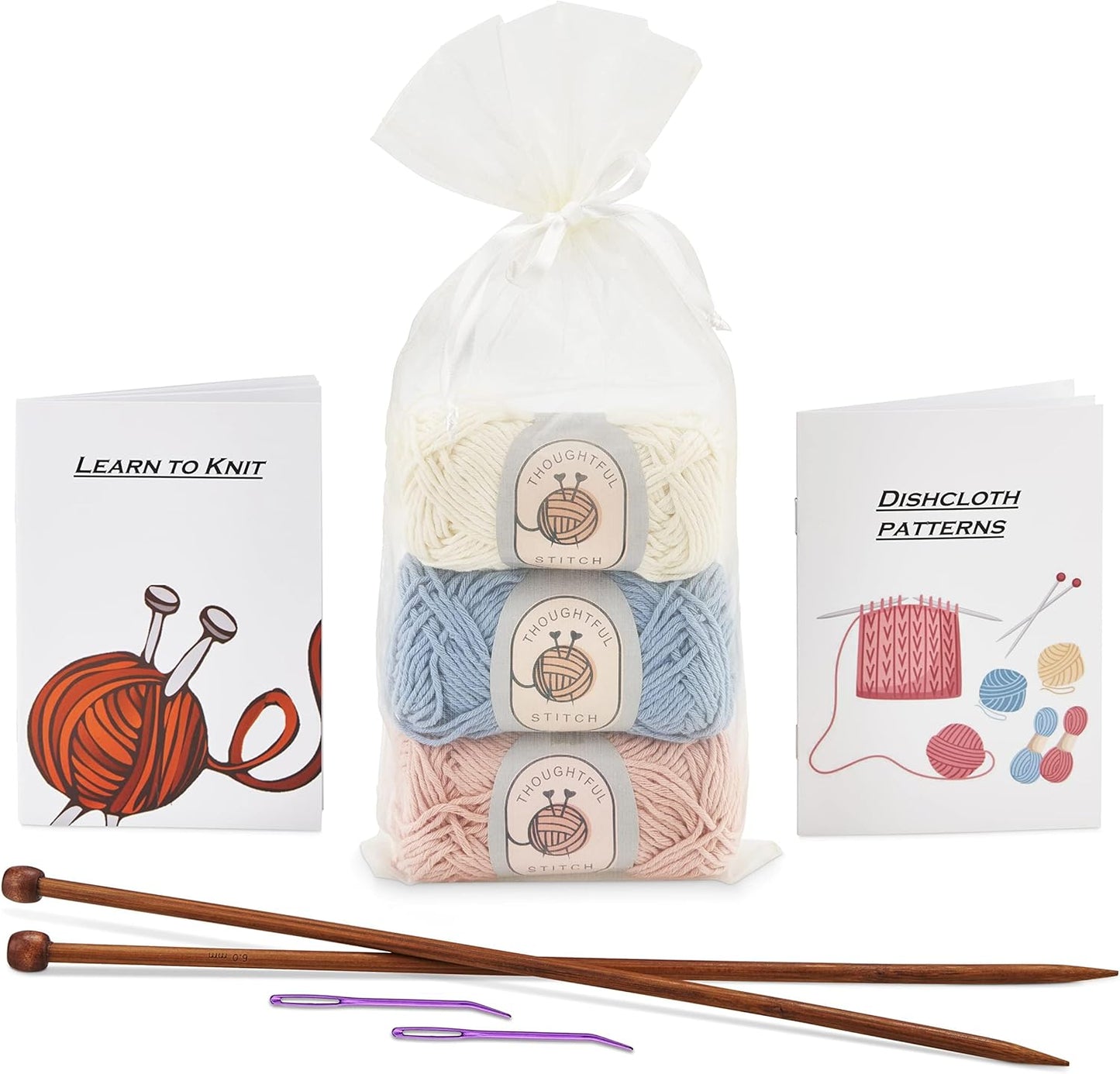 Thoughtful Stitch Knitting Kit for Beginners Adults & Kid Friendly- Complete Knitting Kit - Learn to Knit Yarn Set with Tutorial Book for Adult Hobbies - 100% Cotton Wool & Bamboo Knitting Needle