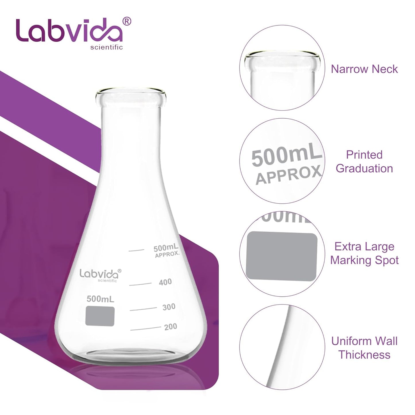 LABVIDA 6pcs of Narrow Mouth Glass Erlenmeyer Flasks, Vol.500ml, 3.3 Borocilicate with Printed Graduation, LVC007