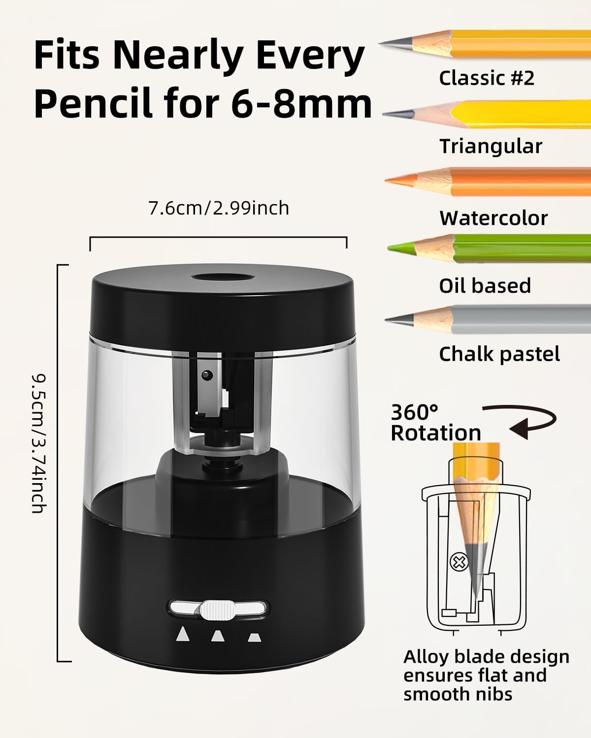 ZMOL Electric Pencil Sharpener for Colored Pencils, Auto Stop,Electric Pencil Sharpener Plug in for 6-8mm No.2/Office/Home/Black