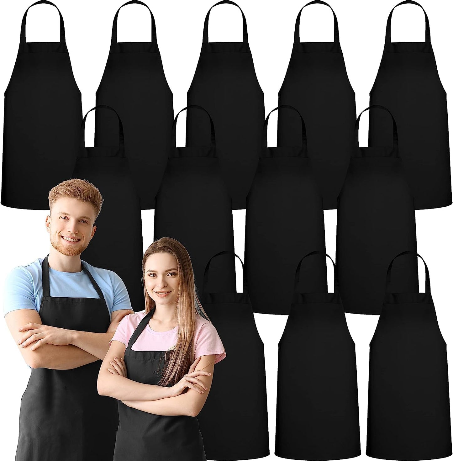 GREEN LIFESTYLE 12 Pack Bib Apron - Unisex Black Aprons, Machine Washable Aprons for Men and Women, Kitchen Cooking BBQ Aprons Bulk (Pack of 12, No Pockets, Black)