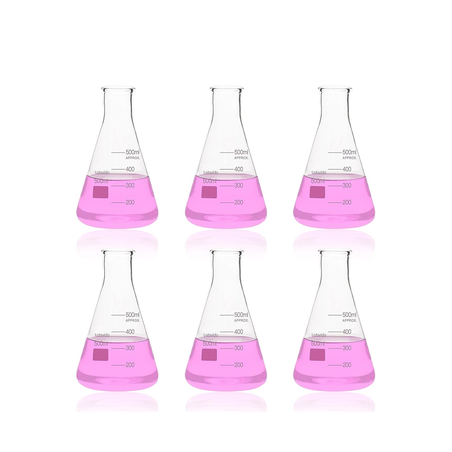 LABVIDA 6pcs of Narrow Mouth Glass Erlenmeyer Flasks, Vol.500ml, 3.3 Borocilicate with Printed Graduation, LVC007
