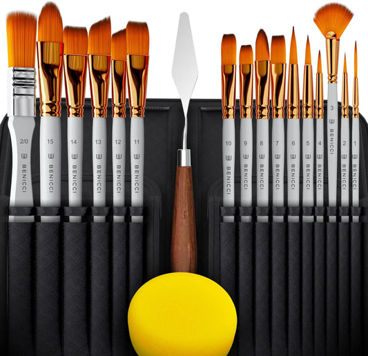 18 Pieces Premium Artist Paint Brush Set - Includes Palette Knife, Sponge, Organizing Case - 16 Painting Brushes for Kids, Adults & Professionals - Perfect for Watercolor, Oil, Acrylic Painting Art