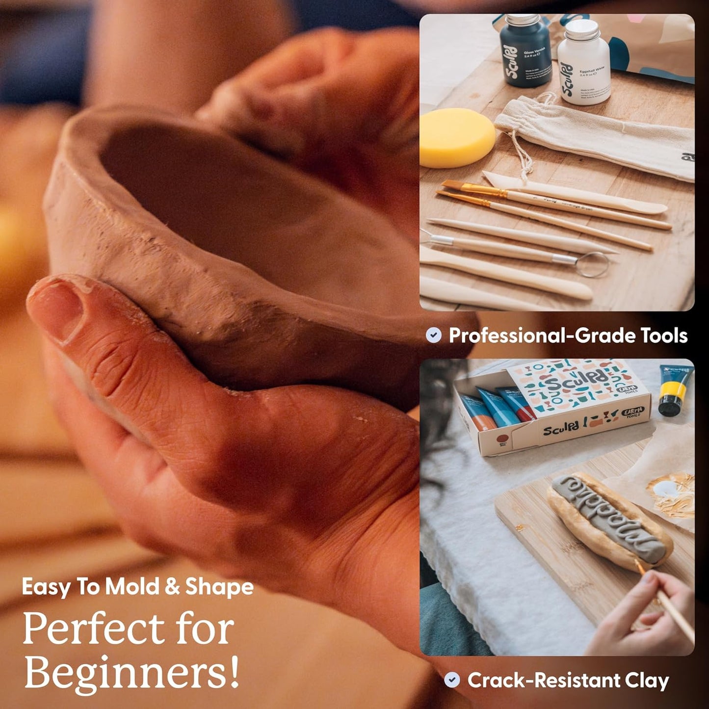 Sculpd - The Original Pottery Kit, Air Dry Clay Starter Kit for Beginners with Matte Varnish, Pottery Kit for Two Includes Paint, Tool Set, Paintbrushes, Sponge& Step-by-Step Guide,Clay Kit for Adults