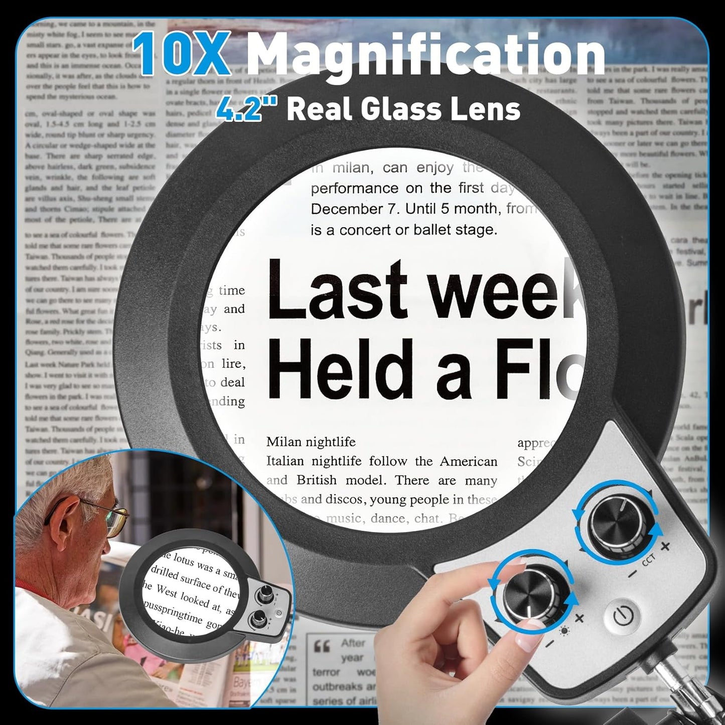 KIRKAS 10X Magnifying Glass with Light and Stand, 2-in-1 Any Color Modes & Stepless Brightness Magnifying Desk Lamp with Clamp, LED Magnifier with Light for Crafts Jewelry Painting Sewing Close Work