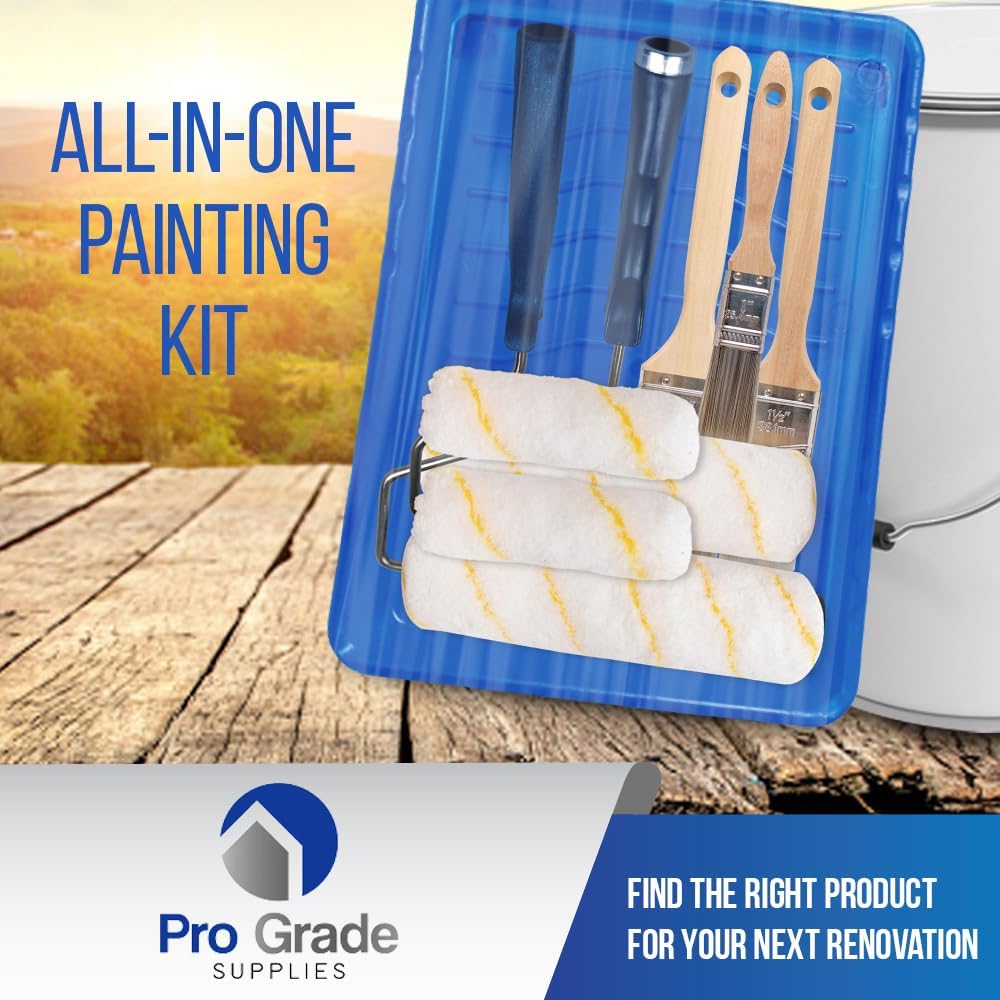 Pro Grade Paint Roller Kit, Brush & Roller,10 Piece Set, Wall Painting Naps for Professionals & Homeowners - All Paints & Stains, Washable, Reusable, Easy to Clean, Superior Absorbency