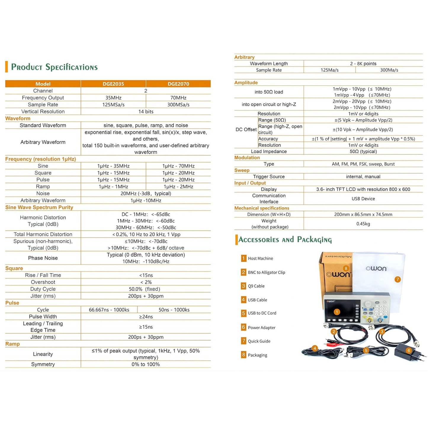 DGE2070 Arbitrary Waveform Generator Dual-Channel 70 MHz Generator 14 Bits Vertical Resolution with 3.6”LCD