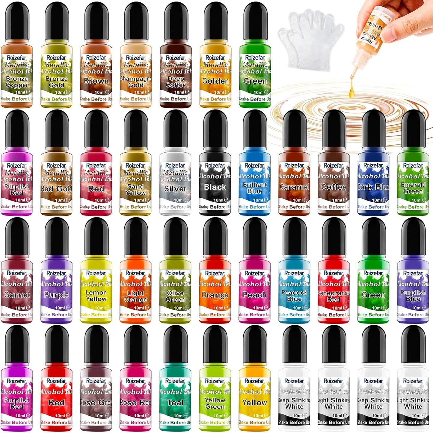 Alcohol Ink Set - 40 Bottles Vivid Colors High Concentration Metallic Alcohol Paint Resin Dye, Safe Fast Drying Effect, Alcohol Ink for Epoxy Resin, Art Painting, Glass, Tumbler Making, 10ml Each