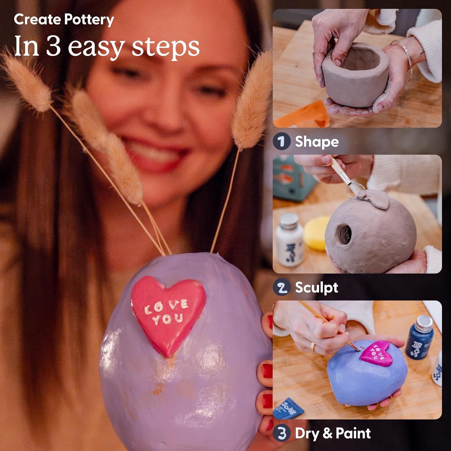 Sculpd - The Original Pottery Kit, Air Dry Clay Starter Kit for Beginners with Matte Varnish, Pottery Kit for Two Includes Paint, Tool Set, Paintbrushes, Sponge& Step-by-Step Guide,Clay Kit for Adults