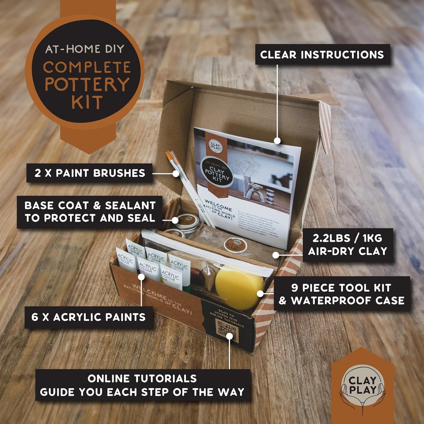 Clay Play™ at Home DIY Complete Pottery Kit for Adults, Clay Kit incl Air Dry Sculpting Clay, Clay Paint, Tool Kit, Instructions and Online Tutorials