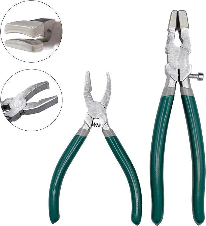 10Pcs Heavy Duty Glass Running Breaking Pliers and Class Cutters Tools Kit, Breaker Grozer Pliers with Curved Jaws,Glass Cutters for Stained Glass, Mosaics, Fusing, Breaking
