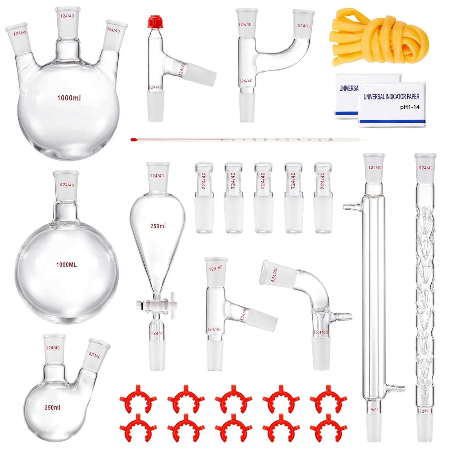 VEVOR New Laboratory Glassware 24/40 Chemistry Glassware 29PCS Chemistry Lab Glassware Kit 250 1000ml for Distillations Separation Purification Synthesis(24/40, 29PCS)