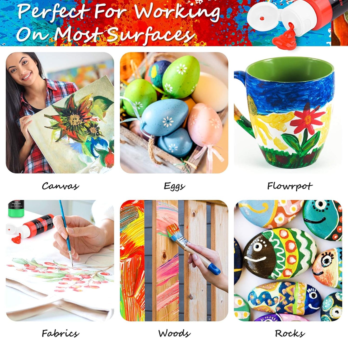 Caliart 24 Colors Acrylic Paint Set with 12 Brushes, Easter Basket Stuffers for Teens, Art Craft Paints Gifts Trendy Stuff for Artists Kids Teen, Canvas Ceramic Rock Eggs Painting Kit Art Supplies