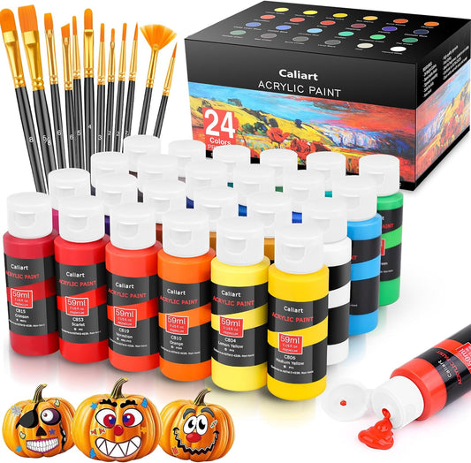 Caliart 24 Colors Acrylic Paint Set with 12 Brushes, Easter Basket Stuffers for Teens, Art Craft Paints Gifts Trendy Stuff for Artists Kids Teen, Canvas Ceramic Rock Eggs Painting Kit Art Supplies
