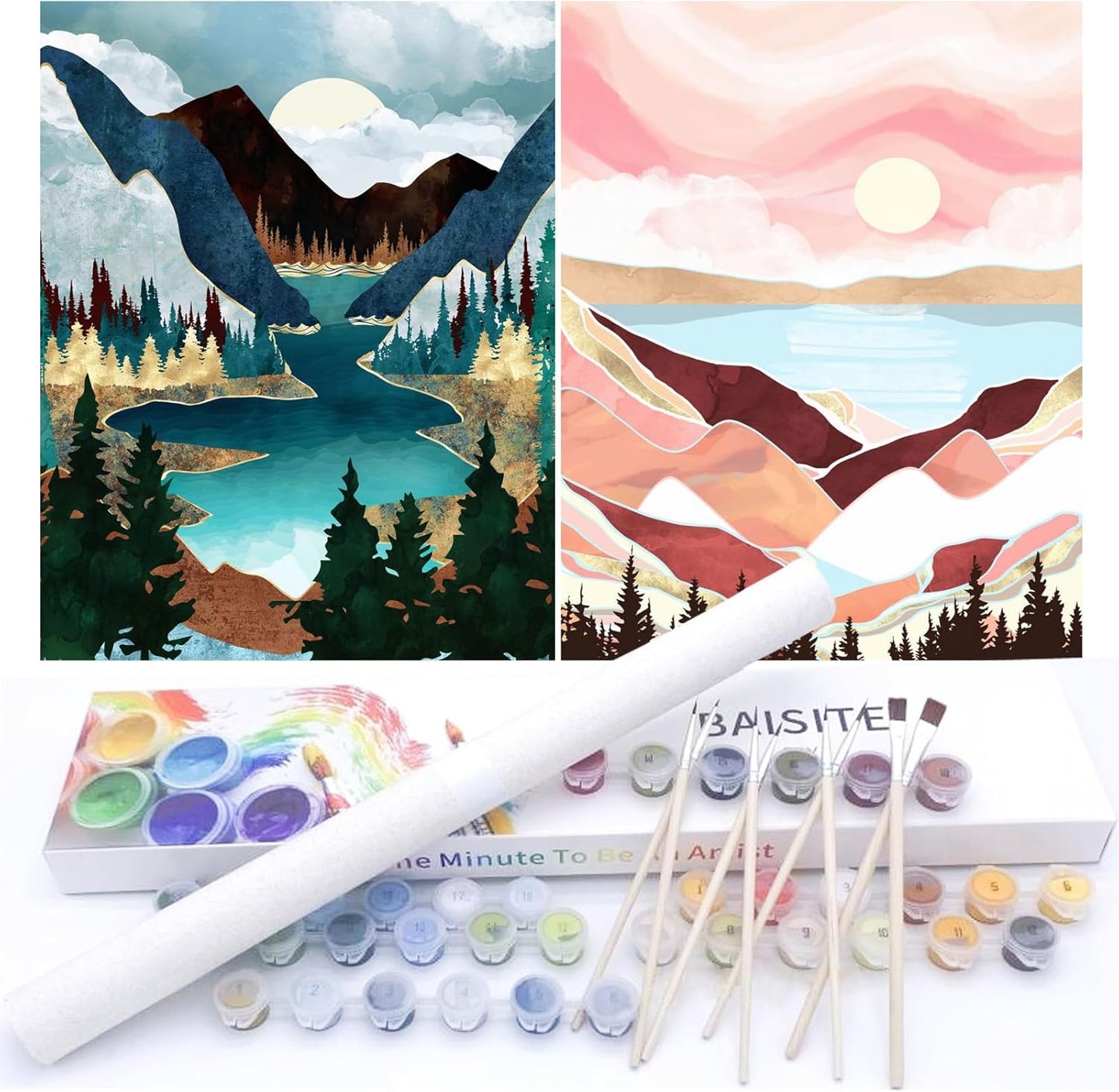 BAISITE Paint by Numbers Kit for Adults Beginners,12" Wx16 L 2 Pack Canvas for Painting Kits for Adults in Colorful Box-Sunset Lake Mountains