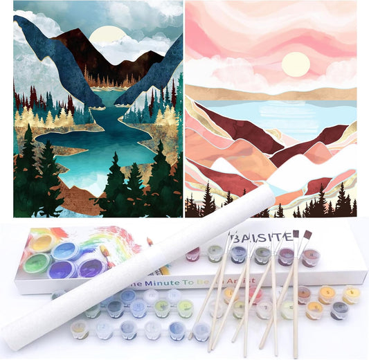 BAISITE Paint by Numbers Kit for Adults Beginners,12" Wx16 L 2 Pack Canvas for Painting Kits for Adults in Colorful Box-Sunset Lake Mountains