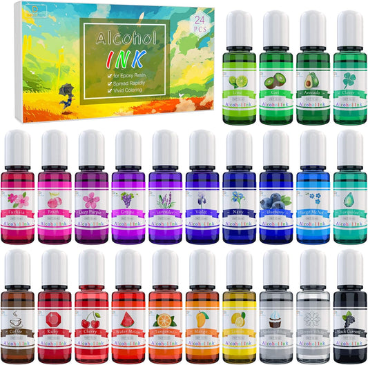 DecorRom Alcohol Ink Set - 24 Vibrant Colors for Resin Art, Petri Dish Making, Epoxy Painting - Concentrated Alcohol-Based Paint Color Dye for Tumbler Making - 24 x 10ml/.35oz