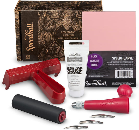 Speedball Block Printing Fabric Starter Kit, 7 Pieces – Includes Ink, Hard Brayer, Lino Handle and Cutters, Speedy-Carve Relief Carving Rubber