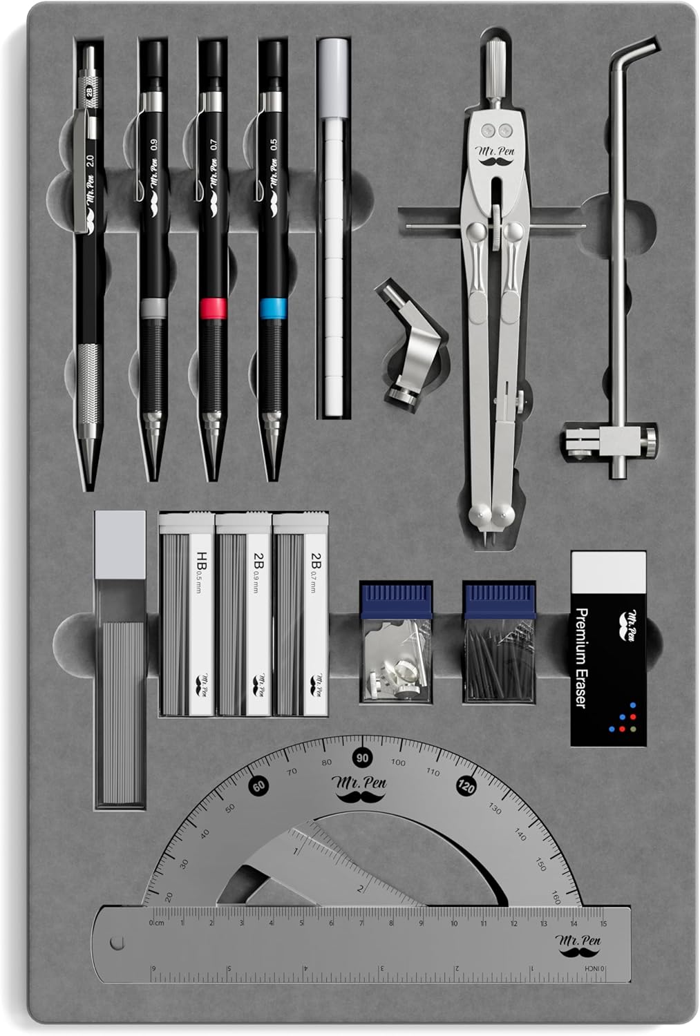 Mr. Pen- Professional Geometry Set, 17 pcs, Silver Geometry Kit for Artists, Metal Rulers and Compasses, Mechanical Pencil Set, Drafting Tools & Drafting kits