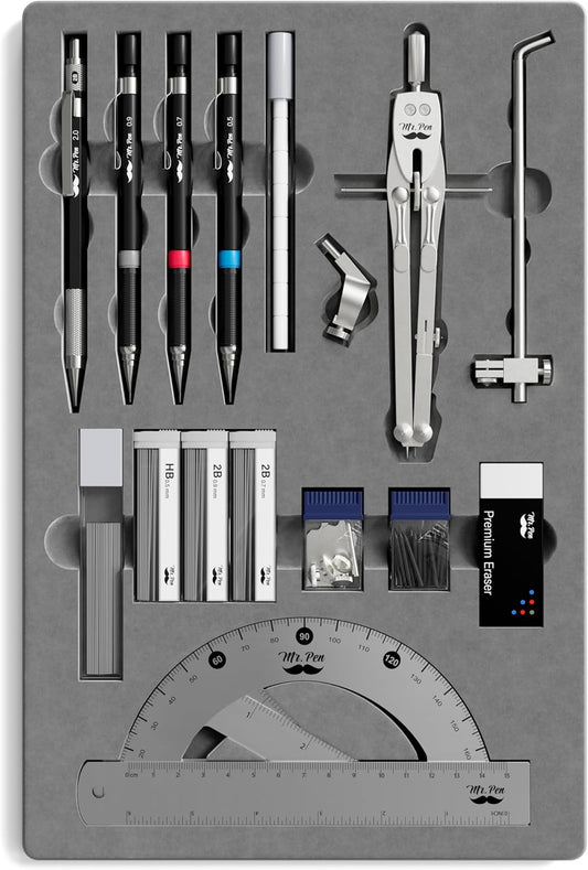 Mr. Pen- Professional Geometry Set, 17 pcs, Silver Geometry Kit for Artists, Metal Rulers and Compasses, Mechanical Pencil Set, Drafting Tools & Drafting kits