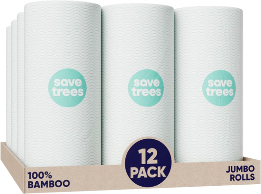 SAVE TREES Bamboo Paper Towels 12pk - 1800 Sheets Bleached Paper Towel Rolls Ultra Absorbent & Durable EcoTowels - FSC-Certified, Chlorine-Free Bamboo Kitchen Rolls