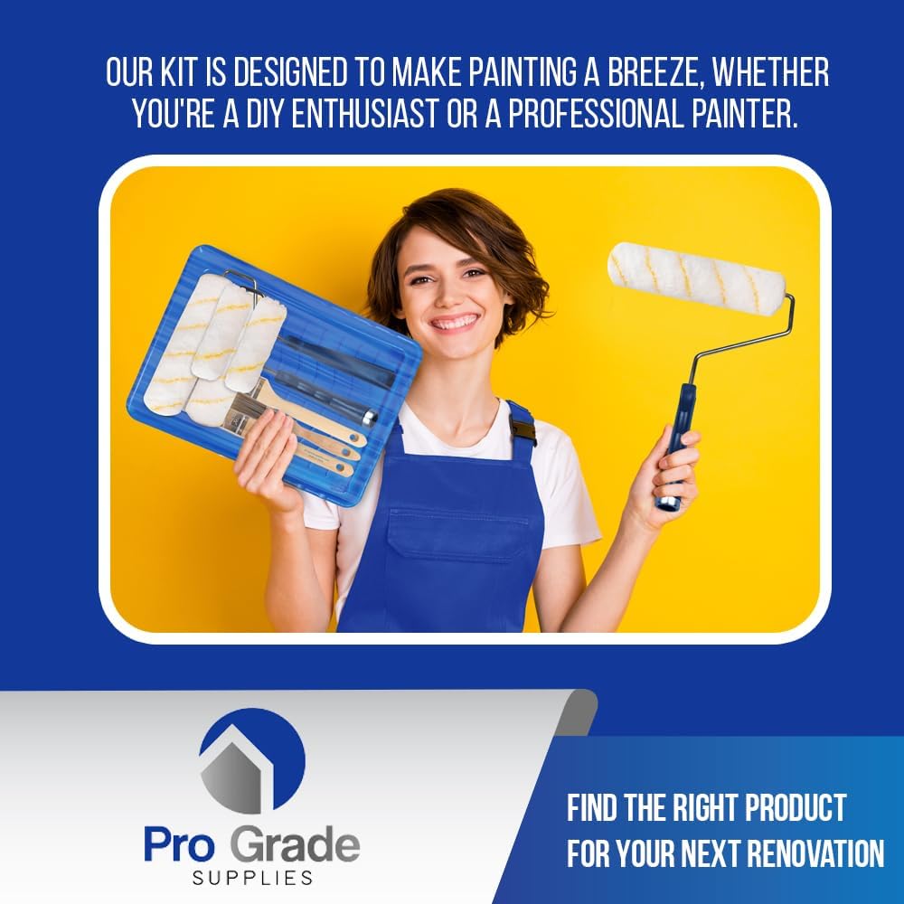 Pro Grade Paint Roller Kit, Brush & Roller,10 Piece Set, Wall Painting Naps for Professionals & Homeowners - All Paints & Stains, Washable, Reusable, Easy to Clean, Superior Absorbency