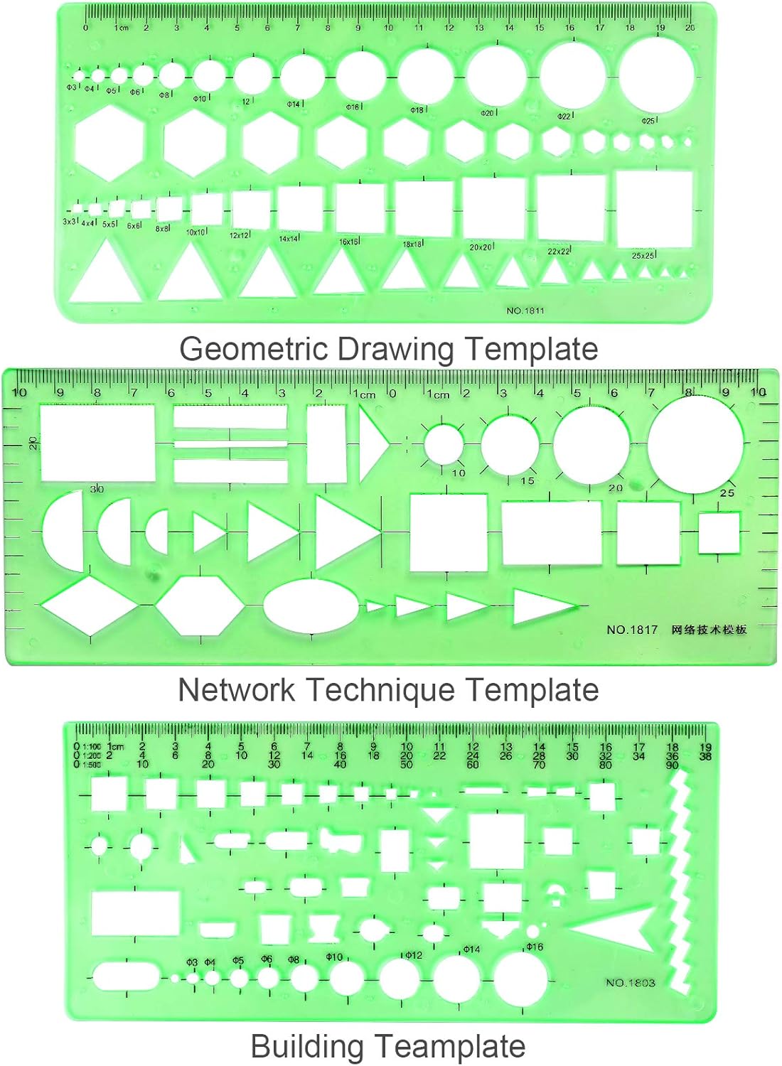 11PCS Geometric Drawings Templates, Drafting Stencils Measuring Tools, BetyBedy Plastic Clear Green Ruler Shapes with a Zipper Bags for Architecture, Office, Studying, Designing and Building