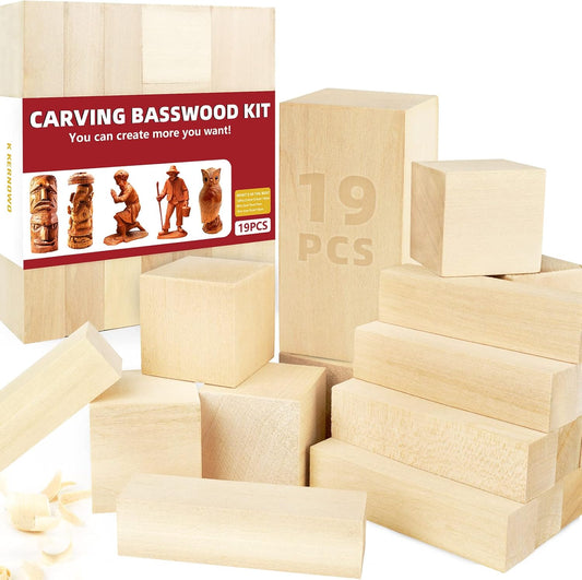 Basswood Carving Blocks, 19PCS Whittling Wood Blocks Kit with 3 Different Sizes, Bass Wood for Carving Easy to Use, for Kids and Adults