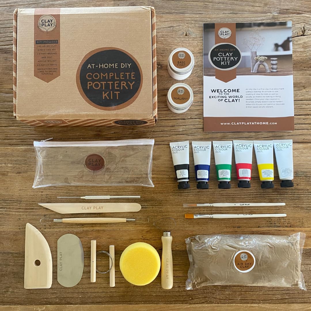 Clay Play™ at Home DIY Complete Pottery Kit for Adults, Clay Kit incl Air Dry Sculpting Clay, Clay Paint, Tool Kit, Instructions and Online Tutorials