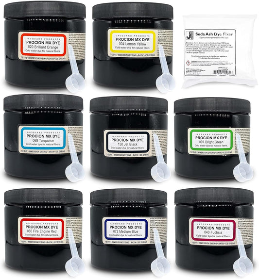 Jacquard Procion MX Dye Kit - USA Made - 8 Vibrant Colors, 8 oz Each - Fiber Reactive - Tie Dye Party Supplies - Bundled with Scoops