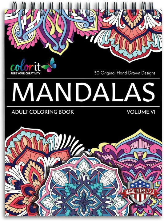 ColorIt Mandalas Volume VI Spiral Bound Adult Coloring Book with 50 Mandala Patterns for Relaxation and Stress Relief - Includes Perforated Pages, Thick Paper, Hardback Covers, and Blotter Page