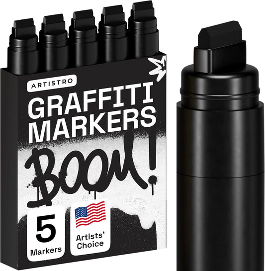 ARTISTRO 5 Black Acrylic Paint Pens, Acrylic Paint Markers Jumbo Tip, Fabric Markers for Textile, Canvas, Rock, Glass, Wood, Paper, DYI, Pens for Kids and Adults
