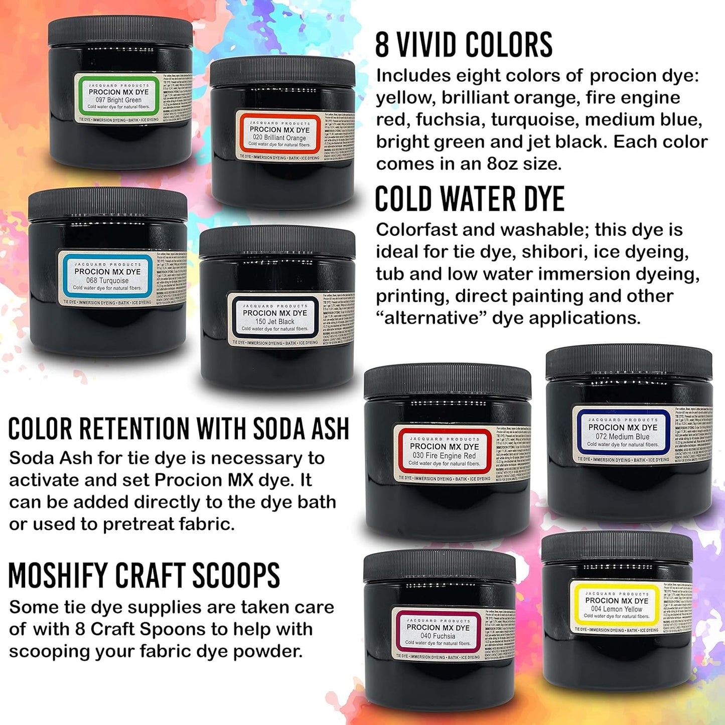 Jacquard Procion MX Dye Kit - USA Made - 8 Vibrant Colors, 8 oz Each - Fiber Reactive - Tie Dye Party Supplies - Bundled with Scoops
