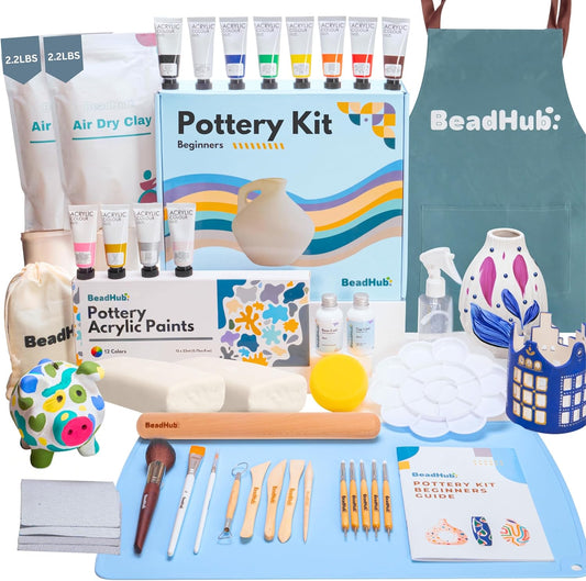 Pottery Kit for Beginners, 4.4Lbs Air Dry Clay for Adults with Sculpting Tools, Paint, Glaze, Air-Dry Modeling Clay Molding, Sculpt & Painting Set, Hobby Date Night DIY Art Craft Kits (White)