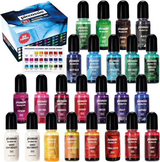 Alcohol Ink Set - New Improved Formula - 24 Highly Saturated, Fast-Drying, Permanent Inks for Epoxy Resin, Tumblers, Fluid Art Painting, Glass, Metal, and More