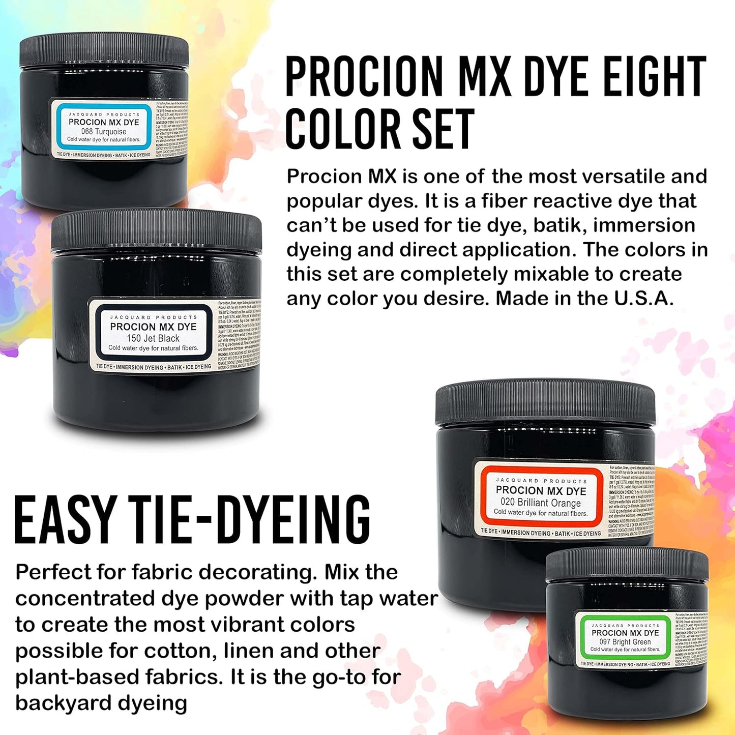 Jacquard Procion MX Dye Kit - USA Made - 8 Vibrant Colors, 8 oz Each - Fiber Reactive - Tie Dye Party Supplies - Bundled with Scoops