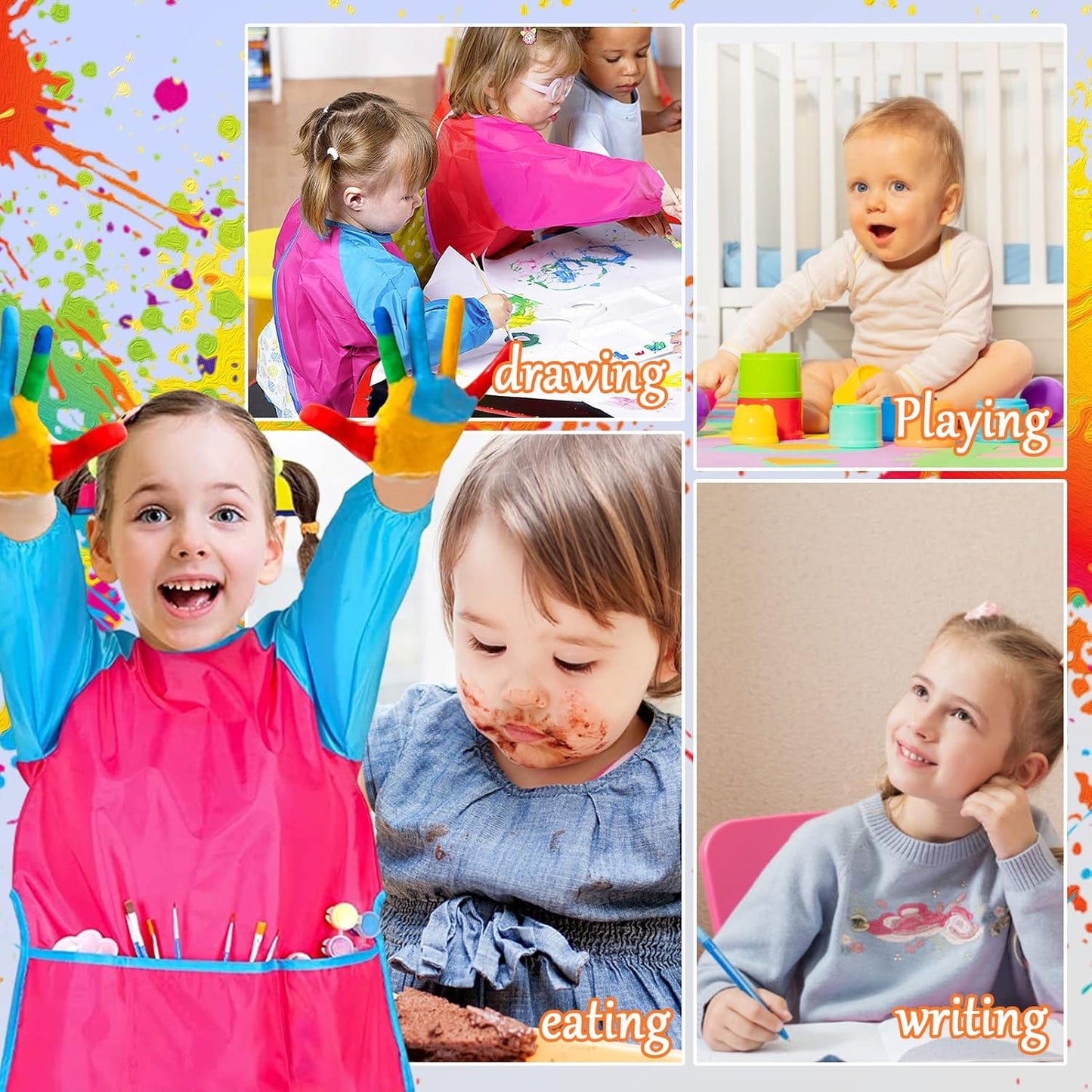 Zkptops 12 Pack Kids Art Smocks Waterproof Kid Painting Aprons Toddler Art Smock Kids Paint Smocks with Long Sleeve 3 Roomy Pockets for Age 3-7 Years