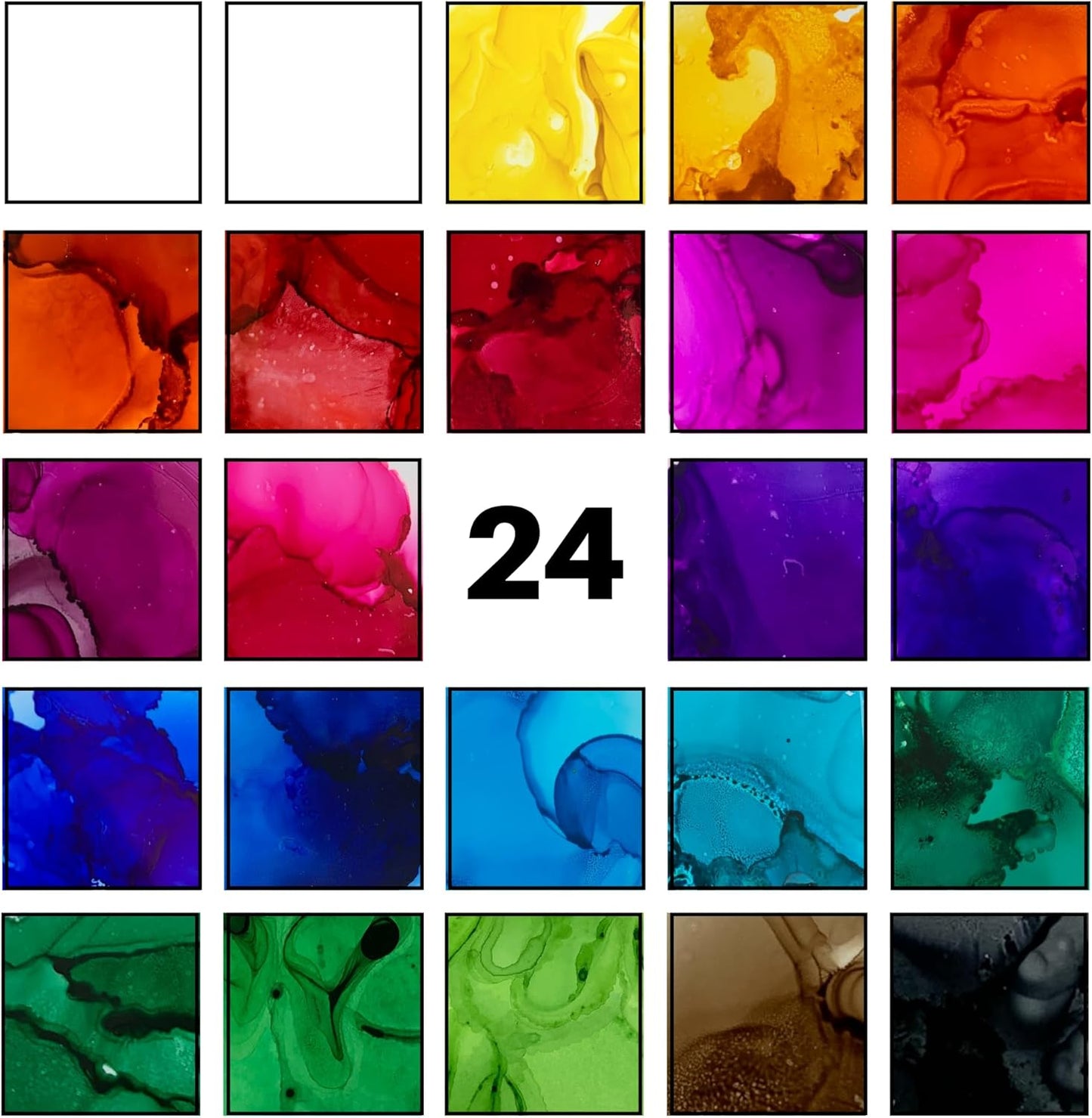 Alcohol Ink Set - New Improved Formula - 24 Highly Saturated, Fast-Drying, Permanent Inks for Epoxy Resin, Tumblers, Fluid Art Painting, Glass, Metal, and More